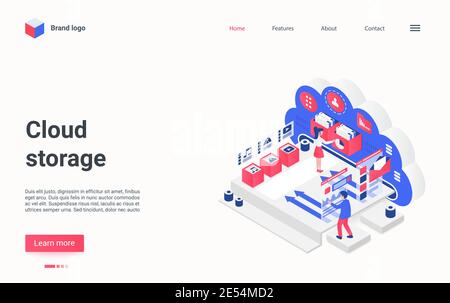 Illustration vectorielle isométrique du concept de service de stockage de données dans le cloud. Les utilisateurs de cartoon 3d transfèrent des documents, des fichiers multimédias et de la musique, en utilisant l'accès à distance aux données multimédias, la page d'accueil de la technologie de cloud moderne Illustration de Vecteur