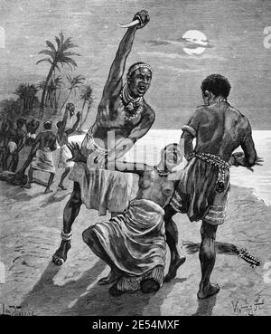 Dahomey Amazones attaqué par des hommes dans le Royaume de Dahomey (Fait maintenant partie du Bénin) Afrique de l'Ouest 1904 Vintage Illustration ou gravure Banque D'Images