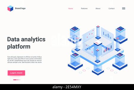 Plate-forme d'analyse de données, technologie d'automatisation illustration vectorielle isométrique. Structure de supercalculateur de poste de travail de dessin animé pour le traitement automatique des données et l'analyse technique, page d'accueil du réseau informatique Illustration de Vecteur