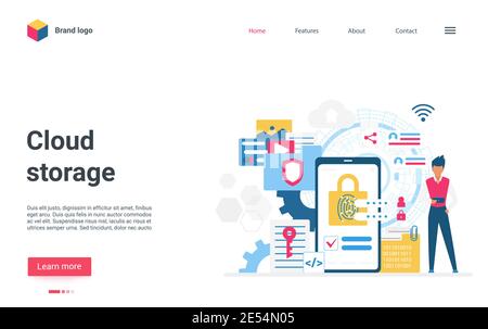 Illustration du vecteur de concept de stockage dans le cloud, de cyber-protection des informations. Petit personnage de dessin animé placé à côté d'un smartphone avec verrouillage à l'écran, page d'accueil de la technologie numérique de cybersécurité Illustration de Vecteur