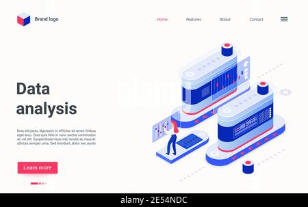 Analyse de données concept de plate-forme technologique numérique illustration vectorielle isométrique. Caricature 3d analyste personnage faire des tendances d'analyse et de stratégie de plan financier, en utilisant l'analyse de la technologie page d'arrivée Illustration de Vecteur