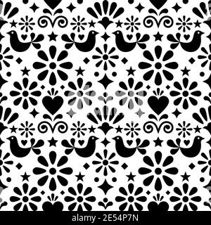 Motif vectoriel d'art folklorique mexicain sans couture, textile noir et blanc avec motif imprimé fleuri, oiseaux et coeurs Illustration de Vecteur