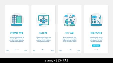 Illustration du vecteur de la technologie de transport et du stockage des réservoirs de gaz. UX, UI Onboarding mobile application page Screen Set avec les méthodes de transport de ligne, station-service, gazoduc, transport par camion-citerne de voiture de route Illustration de Vecteur