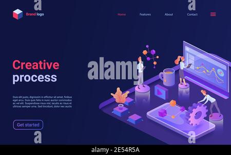 Concept de processus d'analyse de travail créatif illustration vectorielle isométrique. Les employés de cartoon 3d travaillant avec des données visuelles sur un tableau de bord numérique de grande taille, page d'accueil de la technologie moderne de bureau d'affaires Illustration de Vecteur
