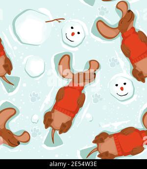 Motif bon dachshund chien et bonhomme de neige se trouve dans la neige, vue du dessus. Illustration de Vecteur