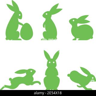 Six silhouettes de lapins de pâques dans différentes poses. Jeu de vecteurs de symboles de congés. Illustration de Vecteur