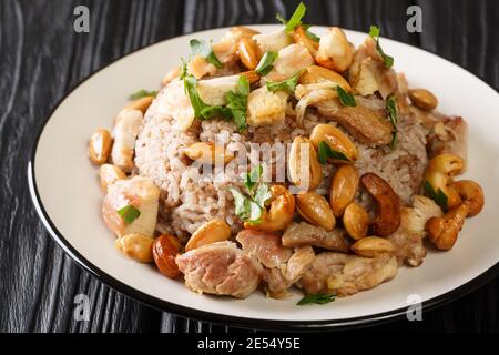 Cuisine arabe riz biDjaj avec cannelle, poulet et noix dans une assiette sur la table. Horizontale Banque D'Images