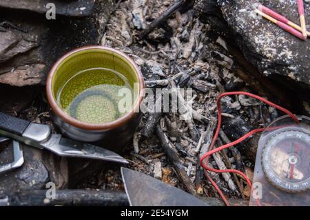 Gros plan de dessus d'une petite tasse de thé de chine verte avec de l'eau dans et un couteau de camping sur le côté sur les cendres maintenant froides de ce qui était un petit feu de camp. Banque D'Images