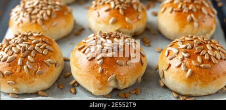 Petits pains faits maison chauds et frais avec des graines sur la cuisson Feuille - image Banque D'Images