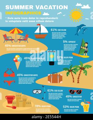 Infographie estivale et marine avec dauphins plage et palmiers illustration vectorielle plate Illustration de Vecteur