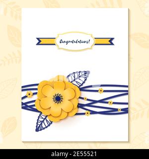 Motif découpé en papier avec composition florale sur feuille. Magnifique fond avec des décorations florales fantaisie en papier de couleur bleue et or. Modèle Banque D'Images