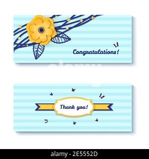 Motif découpé en papier avec composition florale sur fond bleu rayé. Magnifique carte avec décorations florales fantaisie en papier de couleur bleue et or Banque D'Images