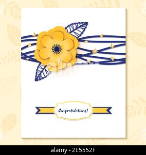 Motif découpé en papier avec composition florale sur feuille. Magnifique fond avec des décorations florales fantaisie en papier de couleur bleue et or. Modèle Banque D'Images