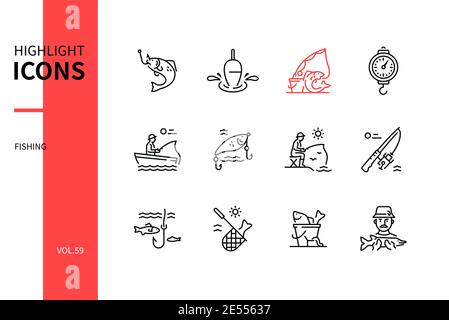 Concept de pêche - icônes de style design de ligne sur fond blanc. Loisirs et loisirs, thème de l'occupation. Loquet, flotteur, tige de rotation, balance à ressort, bo Illustration de Vecteur