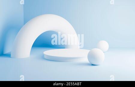 Scène minimale avec podium et arrière-plan abstrait. Forme géométrique. Scène de couleurs pastel bleues. Rendu 3d minimal. Scène avec formes géométriques et Banque D'Images