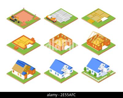 Plan de construction - ensemble d'éléments isométriques vectoriels colorés. Illustrations du processus de construction. Maison de cadre, de fondation à un appartement huous Illustration de Vecteur