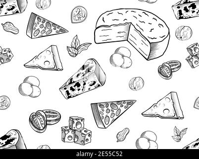 Motif sans couture au fromage monochrome dans le style esquisse imprimé à la main Chess Set avec des verts, des noix et des tomates Illustration de Vecteur