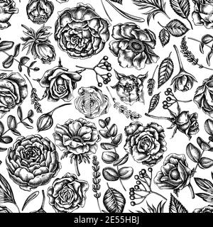 Motif sans couture avec roses noires et blanches, anémone, eucalyptus, lavande, pivoine, viburnum Illustration de Vecteur