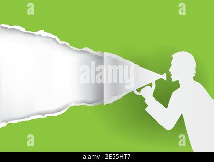 Homme avec le mégaphone déchirant le papier vert. Illustration d'un arrière-plan en papier vert avec une silhouette masculine stylisée. Modèle de publicité de printemps. Illustration de Vecteur