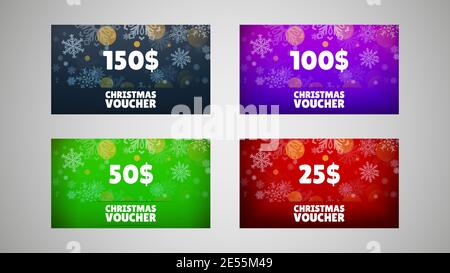 Lot de bons du nouvel an sur un fond festif. Soldes de Noël. Joyeux Noël et Bonne Année. Couleur. Les vacances d'hiver ont mis en place des cadeaux réalistes Illustration de Vecteur