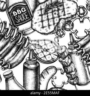 Motif sans couture avec côtes de porc noires et blanches, kebab, saucisses, steak, bouteilles de sauce, patties de hamburger grillées, tomates grillées, steak de saumon grillé Illustration de Vecteur