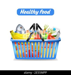 Panier de supermarché plein de nourriture saine isolée sur blanc illustration vectorielle d'arrière-plan Illustration de Vecteur