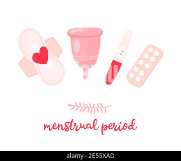 période menstruelle. ensemble de dessins animés avec tampons, coussinets, utérus et fleurs. Hygiène féminine Banque D'Images