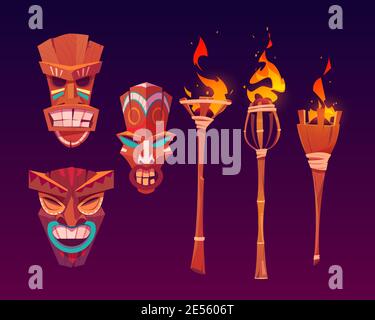 Masques Tiki et torches brûlantes, totems tribaux en bois, attributs hawaïens ou polynésiens, visages effrayants avec la bouche crasseuse décorée de peinture isolée sur fond sombre. Ensemble d'icônes vectorielles de dessin animé Illustration de Vecteur