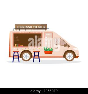 Street Food Festival icône, les gens achetant du café à emporter dans le camion, véhicule. Café mobile, café à roulettes dans le parc de la ville, bannière Vector concept Illustration de Vecteur