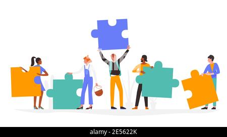 Personnes avec illustration vectorielle de concept de puzzle. Homme de dessin animé femme groupe de personnages dans des vêtements décontractés, tenant des pièces de puzzle, debout et communiquant, communication isolée sur blanc Illustration de Vecteur