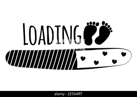 Chargement avec l'empreinte de bébé et les coeurs, mignonne salutation avec bientôt nouveau-né pour la mère enceinte. Impression monochrome, affiche isolée sur fond blanc Illustration de Vecteur