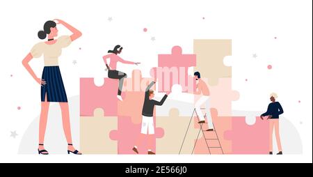 Le travail d'équipe des gens d'affaires sur l'illustration du vecteur de connexion de puzzle. Caricature employé employé de bureau équipe des personnages travaillant, brainstorming sur le défi de construire des pièces de puzzle isolées sur blanc Illustration de Vecteur