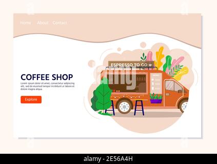 Street Food Festival concept pour la page d'arrivée, le café à emporter dans le camion, le véhicule. Café mobile, café à roulettes dans le parc de la ville, Vector concept bann Illustration de Vecteur