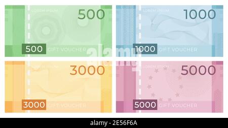 Bon d'échange avec guilloche. Certificat de remise en argent avec modèles de filigrane. Ensemble de vecteurs de modèle de coupon-cadeau ou de devise Illustration de Vecteur