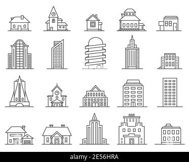 Gratte-ciel et maisons. Description de la ville et de la construction de la ville. Icône Immobilier. Architecture moderne et cottage, fin linéaire vecteur urbain Illustration de Vecteur