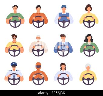 Pilotes. Icônes homme et femme de voiture de conduite. Chauffeur de taxi et passager, messagerie, police et personne âgée avec roue. Ensemble de vecteurs avec chauffeur Illustration de Vecteur