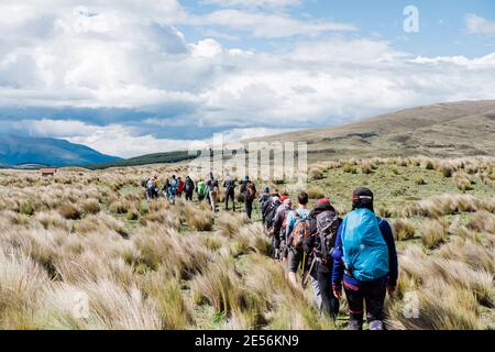 Un groupe de personnes qui font de la randonnée dans le parc national de Cotopaxi. Banque D'Images