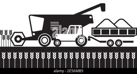 Moissonneuse-batteuse et tracteur dans les champs de blé - illustration vectorielle Illustration de Vecteur