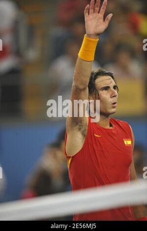 Rafael Nadal, en Espagne, joue contre Lleyton Hewitt, en Australie, lors d'un deuxième match de tennis masculin pour les Jeux Olympiques de Beijing en 2008, le 12 août 2008. Photo de Gouhier/Hahn/Nebinger/ABACAPRESS.COM Banque D'Images