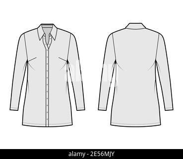Chemise robe technique mode illustration avec col classique, mini-longueur, grand, Pencil plénitude, bouton vers le haut. Modèle de vêtement plat à l'avant, à l'arrière, de couleur grise. Femmes, hommes, maquette de CAD unisex Illustration de Vecteur