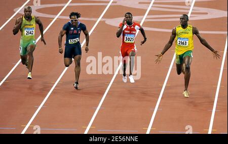 Usain Bolt de la Jamaïque vainqueur de la médaille d'or de la finale masculine de 100m de la XXIX Journée des Jeux Olympiques de Beijing 8 au Stade national de Beijing, Chine, le 16 août 2008. Bolt remporte la médaille d'or. Usain Bolt bat le record mondial en 9'68. Photo de Jing min/Cameleon/ABACAPRESS.COM Banque D'Images