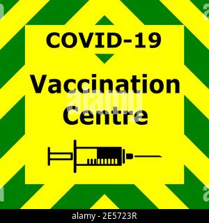 Graphique vectoriel en chevron vert et jaune identifiant un Covid 19 centre de vaccination Illustration de Vecteur