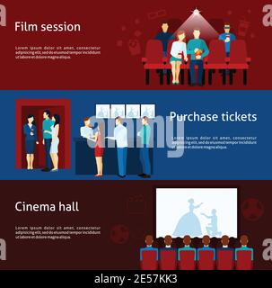 Bannières de cinéma avec billet d'achat film de salle de cinéma et illustration vectorielle plate pour le public. Illustration de Vecteur