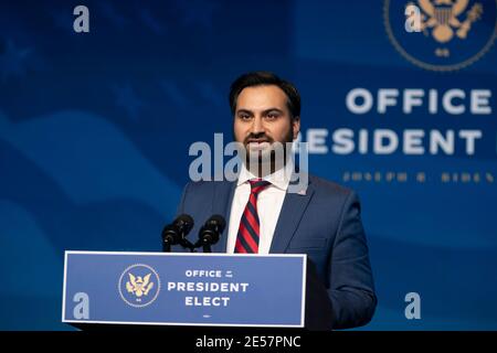 Wilmington, Delaware, États-Unis. 19 décembre 2020. Ali Zaidi prononce un discours après avoir été présenté comme candidat du président américain élu Joe Bidens à être son conseiller national adjoint sur le climat, au Queen Theatre le 19 décembre 2020 à Wilmington, Delaware Credit: Alex Edelman/ZUMA Wire/Alay Live News Banque D'Images