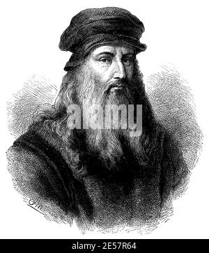 Portrait de Léonard de Vinci - un polymath italien de la haute Renaissance. Illustration du 19e siècle. Allemagne. Arrière-plan blanc. Banque D'Images