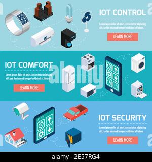 Contrôle de l'Internet des objets confort et sécurité interactive page 3 horizontale ensemble de bannières isométriques design abstrait illustration vectorielle Illustration de Vecteur