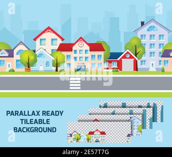 Lumière du jour zone résidentielle vue sur la rue paysage urbain avec effet parallaxe ville centrer sur l'illustration vectorielle abstraite tiléable d'arrière-plan Illustration de Vecteur