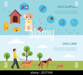 Chiens chiots races accessoires fourniture et soin 2 plat horizontal bannières composition poster résumé illustration vectorielle isolée Illustration de Vecteur