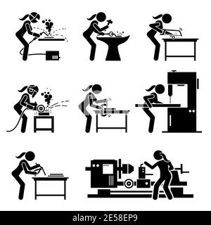Femme métallurgiste faisant de la ferrade avec des outils industriels et de l'équipement bâton figure icônes. Illustrations vectorielles d'une femme habile travaillant dans un St Illustration de Vecteur