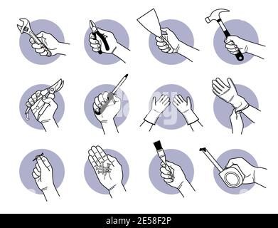 Équipement d'outils de travail à main. Illustrations vectorielles de la clé à main, de la pince, de la truelle, du marteau, du sécateur, du tournevis, du port de gants, de la pince Illustration de Vecteur